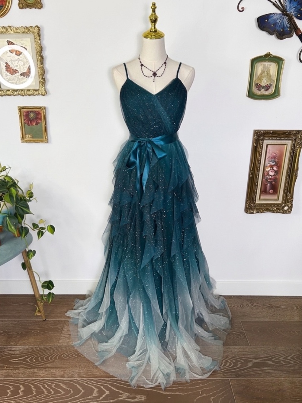 Pear Culture Ombré Teal Fairy Gown Sparkly Tulle Ruffle Tiered Formal Prom Dress